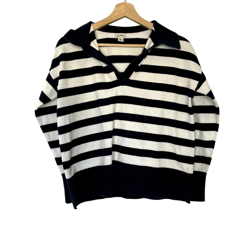 L.L.Bean vintage cashmere blend navy white stripes quarter button men's size M